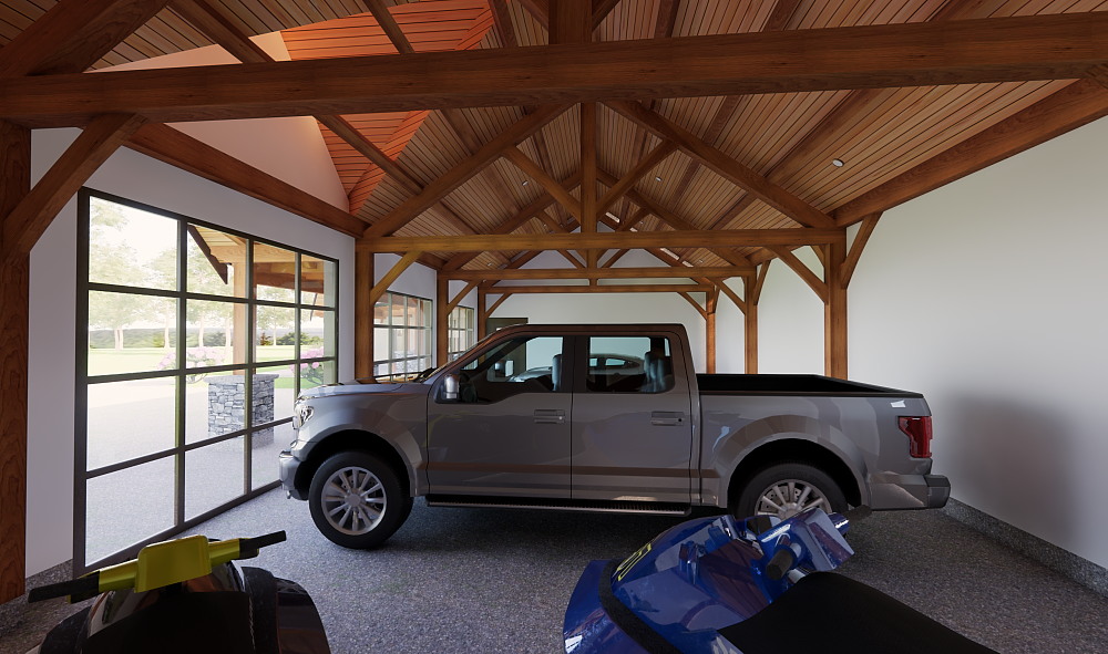 Timber frame trusses spanning garage